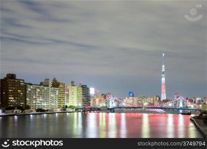 Tokyo cityscape and Tokyo skytree at night along river