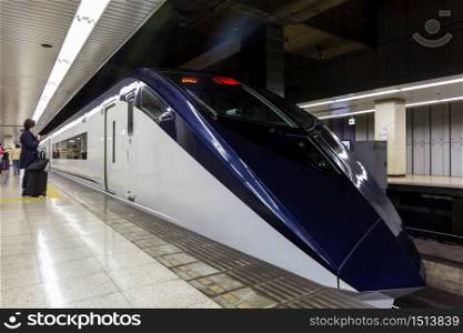 Tokyo, Japan - April 12, 2016: Keisei Skyliner waits for passengers at Ueno terminal to Narita international airport. connecting Narita Airport to the heart of Tokyo in as little as 41 minutes.
