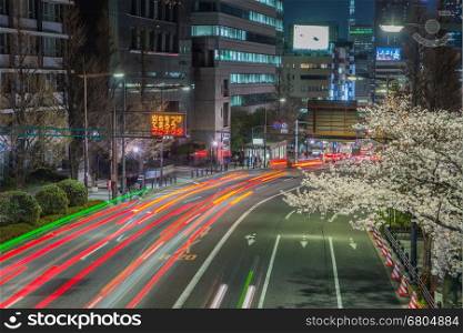 Tokyo, Japan - March 31, 2014: : Traffic Light Lines passing through a street in Tokyo Midtown with cherry blossom trees on the sidewalk.