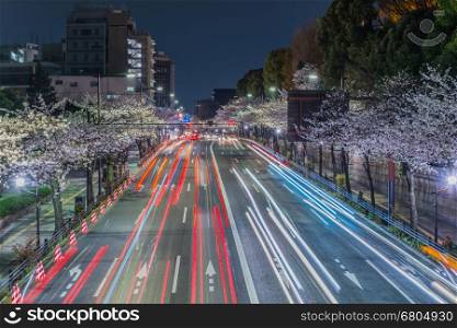 Tokyo, Japan - March 31, 2014: : Traffic Light Lines passing through a street in Tokyo Midtown with cherry blossom trees on the sidewalk.