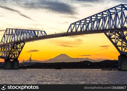 Tokyo landmark , Tokyo Gate Bridge and Mountain Fuji at sunset