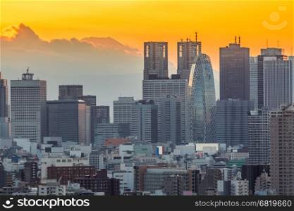 Tokyo Shinjuku Skyline cityscape and Mountain fuji Sunset in Japan
