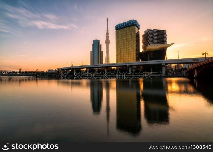 Tokyo Sky Tree in sunrise at Sumida river in Tokyo, Japan. Tokyo skyline and Tokyo Cityscape.