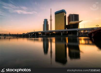 Tokyo Sky Tree in sunrise at Sumida river in Tokyo, Japan. Tokyo skyline and Tokyo Cityscape.