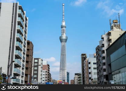 Tokyo sky tree locate on the street in tokyo town when clear sky, Japan