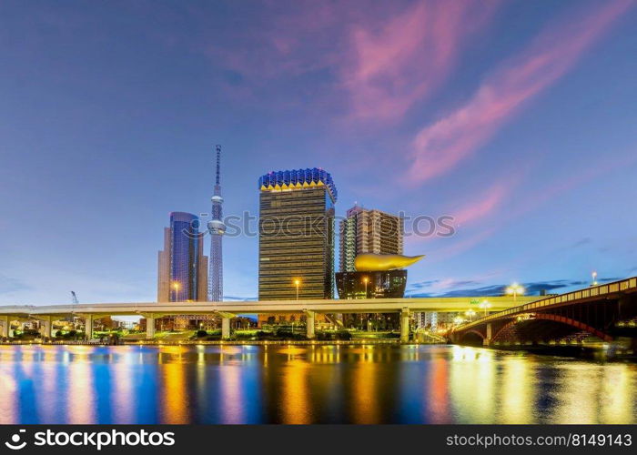 Tokyo skyline in Japan  on the Sumida River at sunset