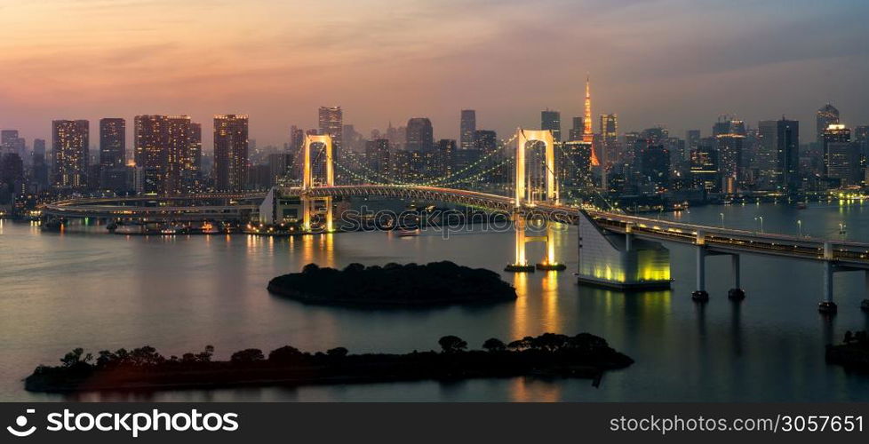 Tokyo skyline with Tokyo tower and rainbow bridge, Japan