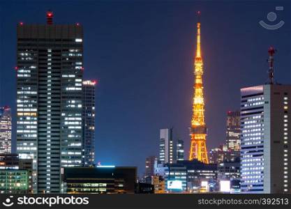 Tokyo tower and cityscape in Japan. Highrise building twilight in Japan.