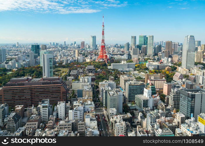 Tokyo tower, Japan. Tokyo City Skyline. Asia, Japan famous tourist destination. Aerial view of Tokyo tower. Japanese central business district, downtown building and tower in Tokyo, Japan cityscape.