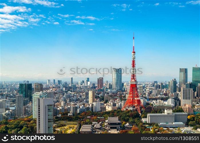 Tokyo tower, Japan. Tokyo City Skyline. Asia, Japan famous tourist destination. Aerial view of Tokyo tower. Japanese central business district, downtown building and tower in Tokyo, Japan cityscape.