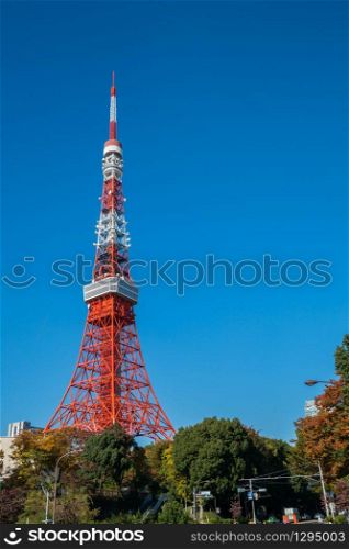 Tokyo Tower under clear blue sky in Tokyo, Japan