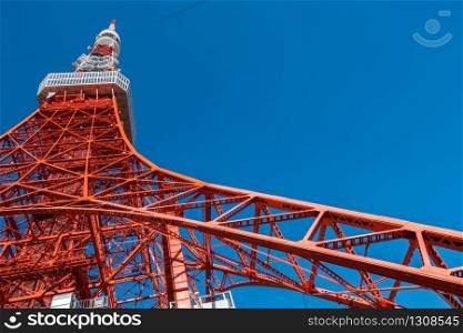 Tokyo Tower under clear blue sky in Tokyo, Japan