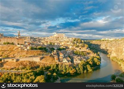 Toledo. Aerial view of the city.. Scenic view of Toledo from the height at sunset. Spain. Castilla la Mancha