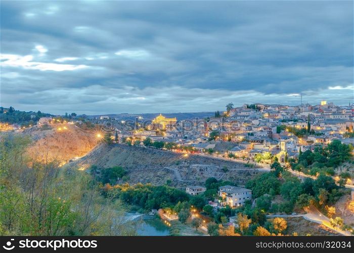 Toledo. Aerial view of the city.. Scenic view of Toledo from the height at sunset. Spain. Castilla la Mancha