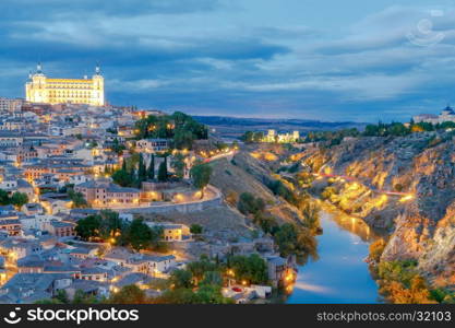 Toledo. Aerial view of the city.. Scenic view of Toledo from the height at sunset. Spain. Castilla la Mancha