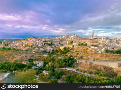 Toledo. Aerial view of the city.. Scenic view of Toledo from the height at sunset. Spain. Castilla la Mancha.