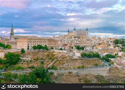 Toledo. Aerial view of the city.. Scenic view of Toledo from the height at sunset. Spain. Castilla la Mancha.