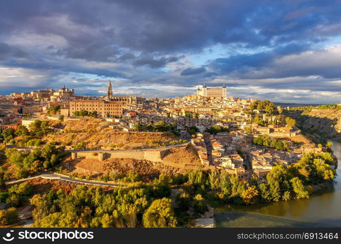 Toledo. Aerial view of the city.. Scenic view of Toledo from the height at sunset. Spain. Castilla la Mancha