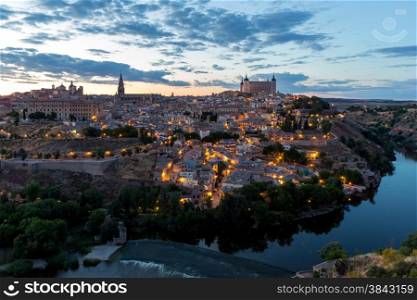 Toledo Cityscape with Alcazar at dusk in Madrid Spain