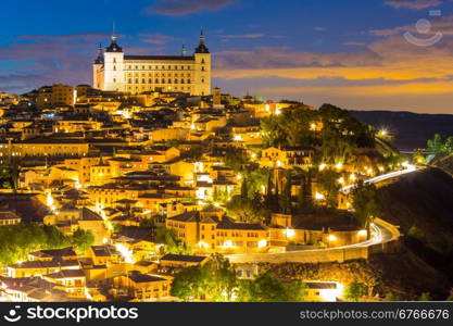 Toledo Cityscape with Alcazar at dusk in Madrid Spain