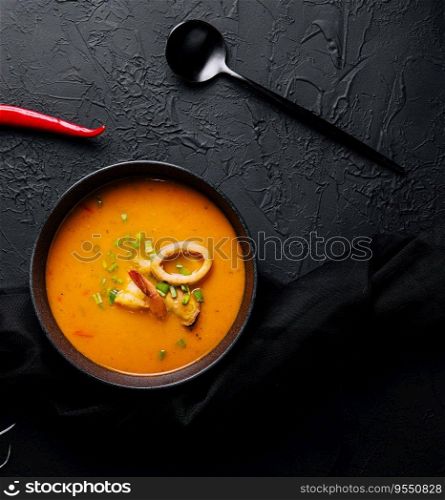 Tom yam seafood soup from above on black stone
