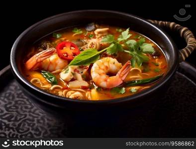 Tom yum traditional asian soup with shrimps and vegetables.AI Generative