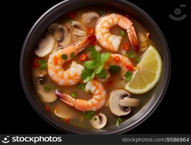 Tom yum with shrimps,prawns,mushrooms and vegetables.AI Generative