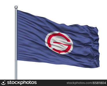 Tomakomai City Flag On Flagpole, Country Japan, Hokkaido Prefecture, Isolated On White Background. Tomakomai City Flag On Flagpole, Japan, Hokkaido Prefecture, Isolated On White Background