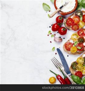 Tomato and basil sandwiches with ingredients - Italian, Vegetarian or Healthy food concept
