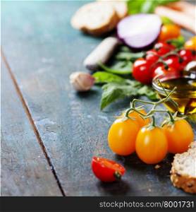 Tomato and basil sandwiches with ingredients - Italian, Vegetarian or Healthy food concept. Background layout with free text space.