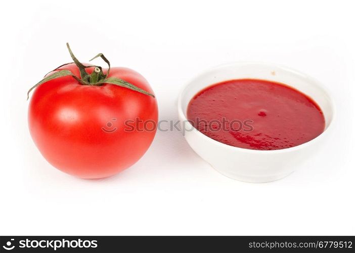 Tomato and Bowl of tomato sauce white isolated