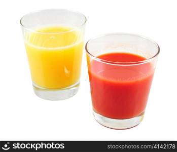 tomato and orange juice on white background