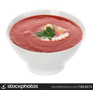 Tomato cream soup with mussels isolated