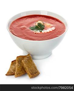 Tomato cream soup with mussels isolated
