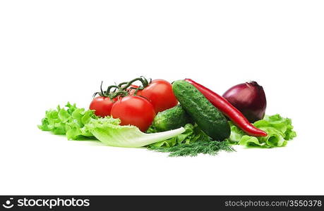 Tomato, cucumber and cayenne pepper isolated on the white background