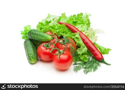 Tomato, cucumber and cayenne pepper isolated on the white background