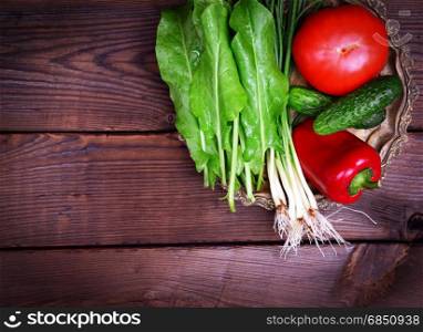 Tomato, cucumber and green onion on a copper plate, brown wooden background, empty space on the left