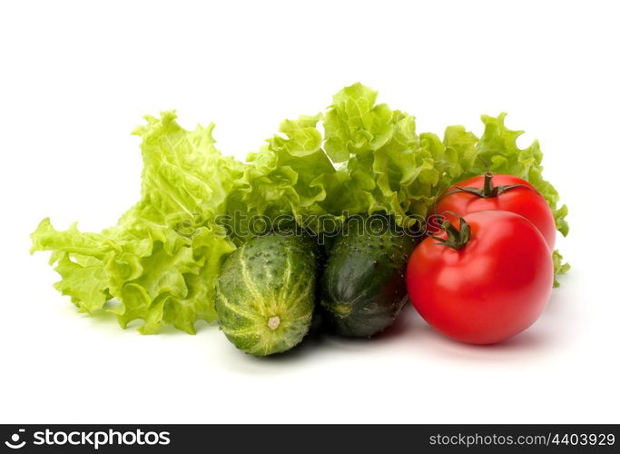 Tomato, cucumber vegetable and lettuce salad isolated on white background