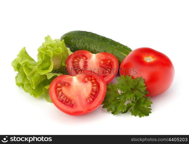 tomato, cucumber vegetable and lettuce salad isolated on white background