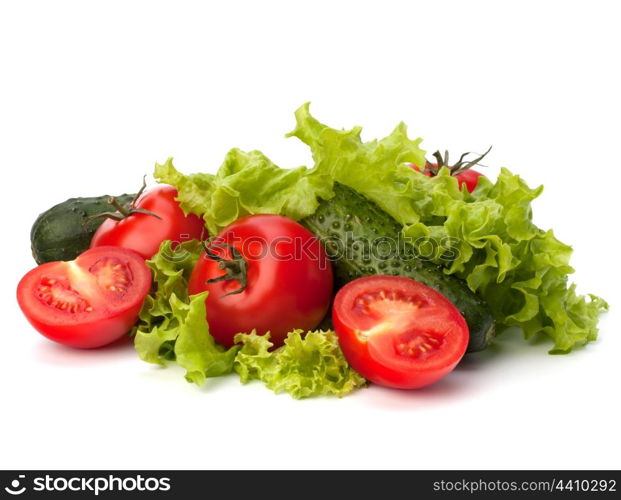 Tomato, cucumber vegetable and lettuce salad isolated on white background