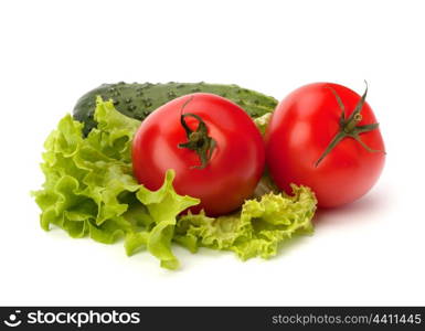 Tomato, cucumber vegetable and lettuce salad isolated on white background