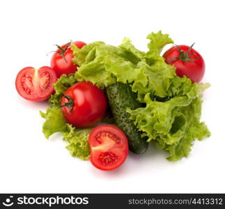 Tomato, cucumber vegetable and lettuce salad isolated on white background