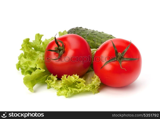 Tomato, cucumber vegetable and lettuce salad isolated on white background