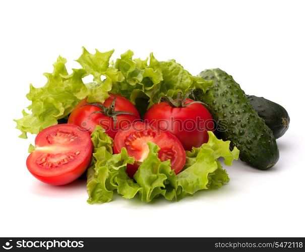 Tomato, cucumber vegetable and lettuce salad isolated on white background