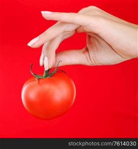 Tomato in woman hand close up on red background. Tomato in woman hand
