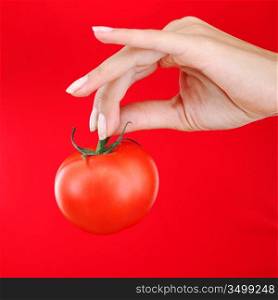 tomato in woman hands close up