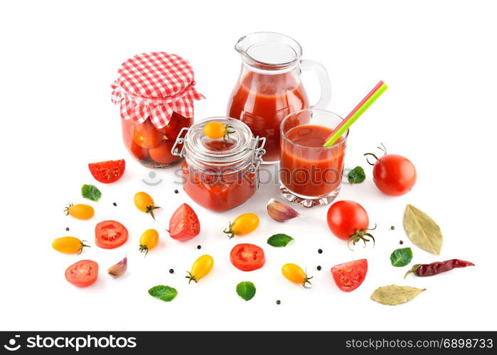 tomato juice, ketchup and tomato isolated on white background