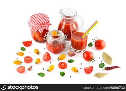 tomato juice, ketchup and tomato isolated on white background