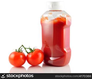 tomato ketchup and fresh tomatoes on white