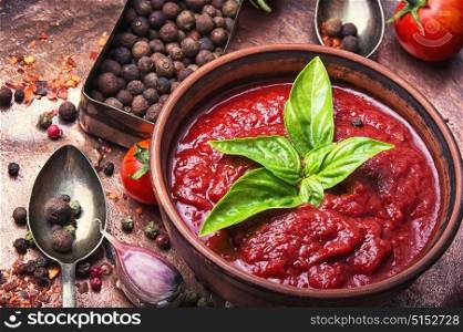 Tomato ketchup sauce. domestic tomato ketchup with garlic and peppercorn
